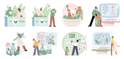 Scientist study research liquid medicine from natural herbal. Medical marijuana research. Modern and traditional medical, Alternative organic herbal drug and chemical medicine. Homeopathy healthcare