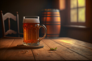 Glass of beer on wooden table, generative AI illustration