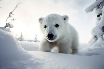 Fototapeta na wymiar A baby polar bear playing in the snow, its white fur blending into the winter landscape - Generative AI