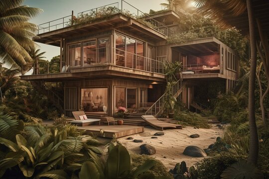 Une maison de plage d'été en bois de plantes vert clair moderne avec des meubles, generative ai, un intérieur orange de relaxation et un voyage de luxe avec vue tropicale, fond d'océan
