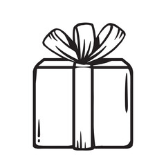 Vector illustration of gift box with bow on white color background. Flat line art style design of black and white present