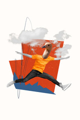 Vertical collage picture of black white gamma person jumping flying clouds sky bird head isolated...