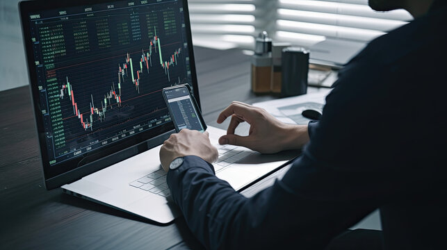 Businessman analyzing stock market data on computer. Stock market data concept, Generative AI