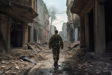 Obraz na płótnie Canvas A Ukrainian soldier in a military uniform, walking through a destroyed city street - Generative AI