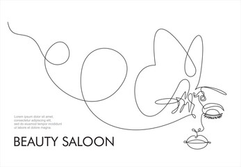 Woman face continuous one line vector drawing. Style templates with abstract female face and butterfly. Beauty saloon.Can used for logo, emblem, slide show and banner. Illustration with quote template