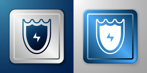 White Lightning and shield icon isolated on blue and grey background. High voltage shield. Safe energy. Silver and blue square button. Vector