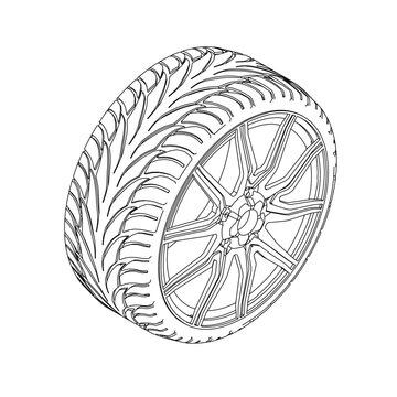 recommend clip art: Outline of an automobile wheel from black lines isolated on a white background. Isometric view. 3D. Vector illustration.