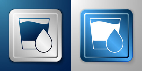 White Glass with water icon isolated on blue and grey background. Soda glass. Silver and blue square button. Vector