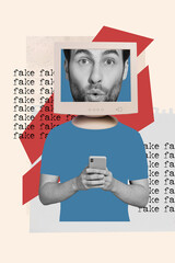Photo creative design magazine collage of headless absurd pc display confused reading smartphone...