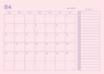 April 2023 simple design digital and printable calendar template illustration. Notes, scheduler, diary, calendar, memo, planner document template background. 