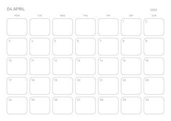 April 2023 simple design digital and printable calendar template illustration. Notes, scheduler, diary, calendar, memo, planner document template background. 