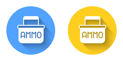 White Military ammunition box with some ammo bullets icon isolated with long shadow background. Circle button. Vector