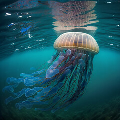 Fototapeta na wymiar Jellyfish swimming in a blue sea. Illustration of animal background image. Created with Generative AI.