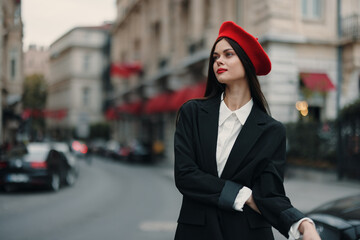 Fashion woman portrait standing on the street in front of the city in stylish clothes with red lips and red beret, travel, cinematic color, retro vintage style, urban fashion lifestyle.