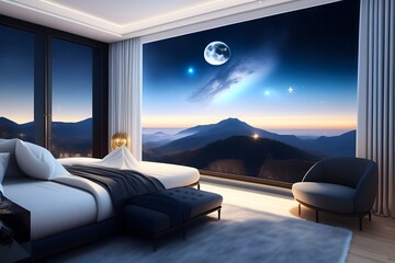 Rendering of Awe-inspiring Galaxy Sky View from Bedroom Window. Generative AI. 