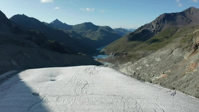 Moiry glacier in Swiss alps aerial view