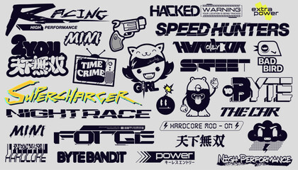 Cyberpunk motorsport decals set. Set of vector stickers and labels in futuristic style. Inscriptions and symbols. Japanese hieroglyphs for matchless. - obrazy, fototapety, plakaty