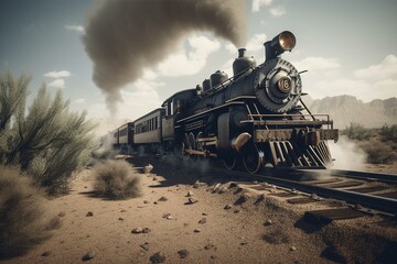 Obraz na płótnie Canvas Steam train going full speed on the railroad tracks, crossing a desert region, art illustration. Generative AI