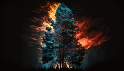 Aurora of Fire with a Colorful Tree Surviving Through a Forest Blaze Generated by AI
