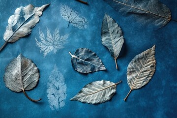 Illustration of leaves scattered on a blue background created with Generative AI technology