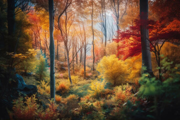 a vibrant and colorful autumn forest with a variety of trees in full fall foliage - Generative AI