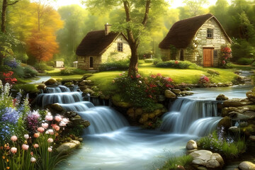Fototapeta na wymiar Water stream, beautiful village daylight, small cottage, spring flowers.