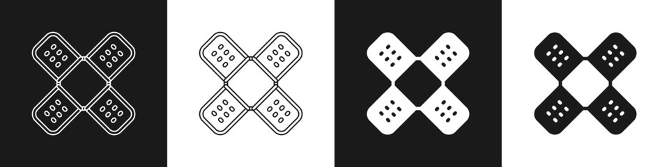 Set Crossed bandage plaster icon isolated on black and white background. Medical plaster, adhesive bandage, flexible fabric bandage. Vector