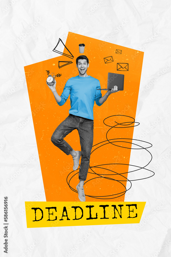 Poster composite collage of young office manager working guy deadline timer schedule planning his job hold 