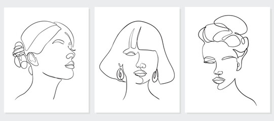 Set of woman portrait. Simple, minimalist vector illustration of beautiful woman. Line drawing