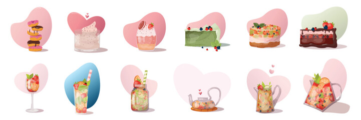 Sweet cake and drink set on a white background