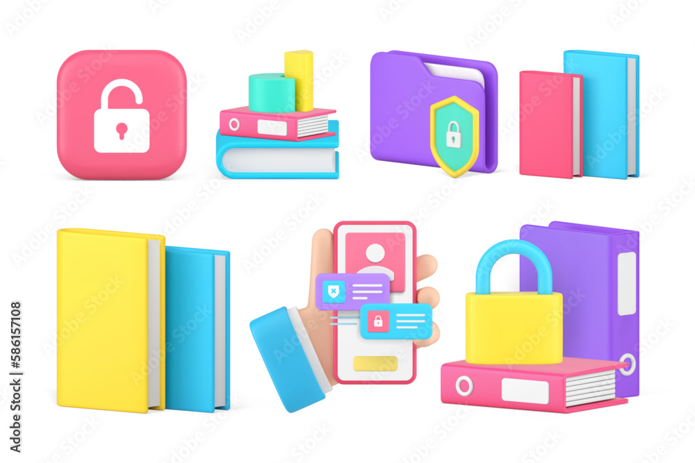 Poster personal data document information safety protection lock encryption access set 3d icon vector