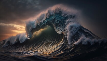 Celestial Wave as a Majestic View of a Glorious Sunset Over a Grand Ocean Wave Generated by AI