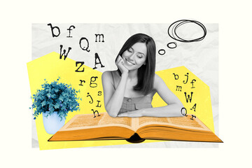 Creative collage portrait of positive mini black white gamma girl read big opened book think houseplant isolated on painted background