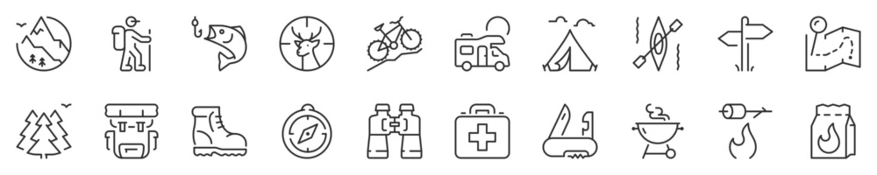 Outdoor and camping activities thin line icon set 1 of 2. Symbol collection in transparent background. Editable vector stroke. 512x512 Pixel Perfect.