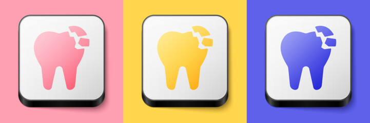 Isometric Broken tooth icon isolated on pink, yellow and blue background. Dental problem icon. Dental care symbol. Square button. Vector