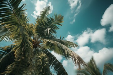 Fototapeta na wymiar Tropical palm tree with blue sky and cloud abstract background. Summer vacation and nature travel adventure concept. Generative AI