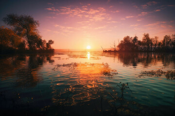 Fototapeta na wymiar A bright, colorful sunrise over a calm lake - Generative AI