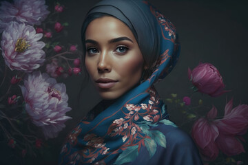Young woman in blue hijab wit flowers on a floral background. Beautiful Muslim woman. Beautiful oriental girl in a headscarf and blooming flowers. Generative ai model, Beauty girl illustration