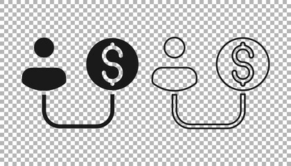 Black Human and money icon isolated on transparent background. Concept of attracting investments. Big business profit attraction and success. Vector