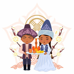 Vector image of Nauryz holiday, peaple in Kazakh national costumes and a national treat