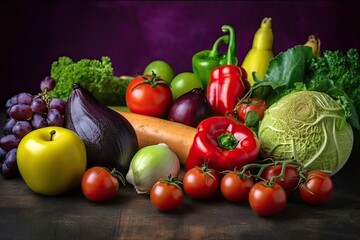 Fototapeta na wymiar green red yellow purple vegetables and fruits ai generated