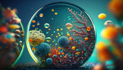 Obraz na płótnie Canvas Bacteria and virus cells World under the microscope created with Generative AI technology