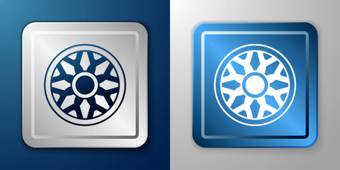 White Alloy wheel for car icon isolated on blue and grey background. Silver and blue square button. Vector