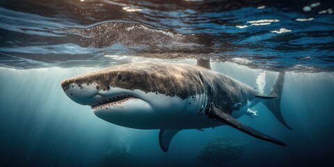 Large white shark swimming in the ocean. Big shark underwater. Generative AI