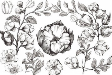 Illustration of flowers and leaves drawn with a pencil created with Generative AI technology