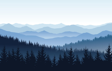 Vector nature landscape with blue silhouettes of mountains and forest - 586160701