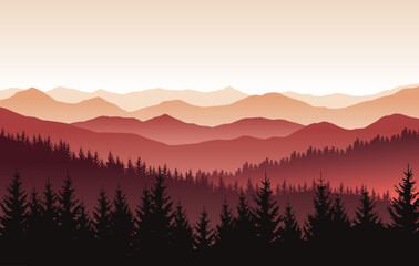Vector nature landscape with red silhouettes of mountains and forest - 586160721