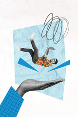 Vertical creative photo sketch artwork collage of young careless programmer guy fling on big arm...