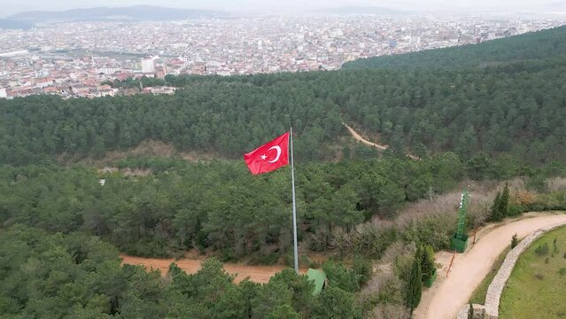 Istanbul Aydos Castle Turkish Flag aerial video footage