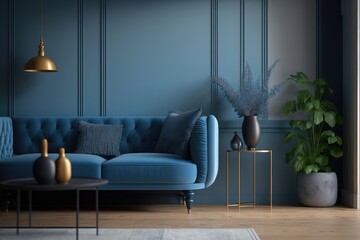 Living room interior with blue sofa, coffee table and plants. 3d render